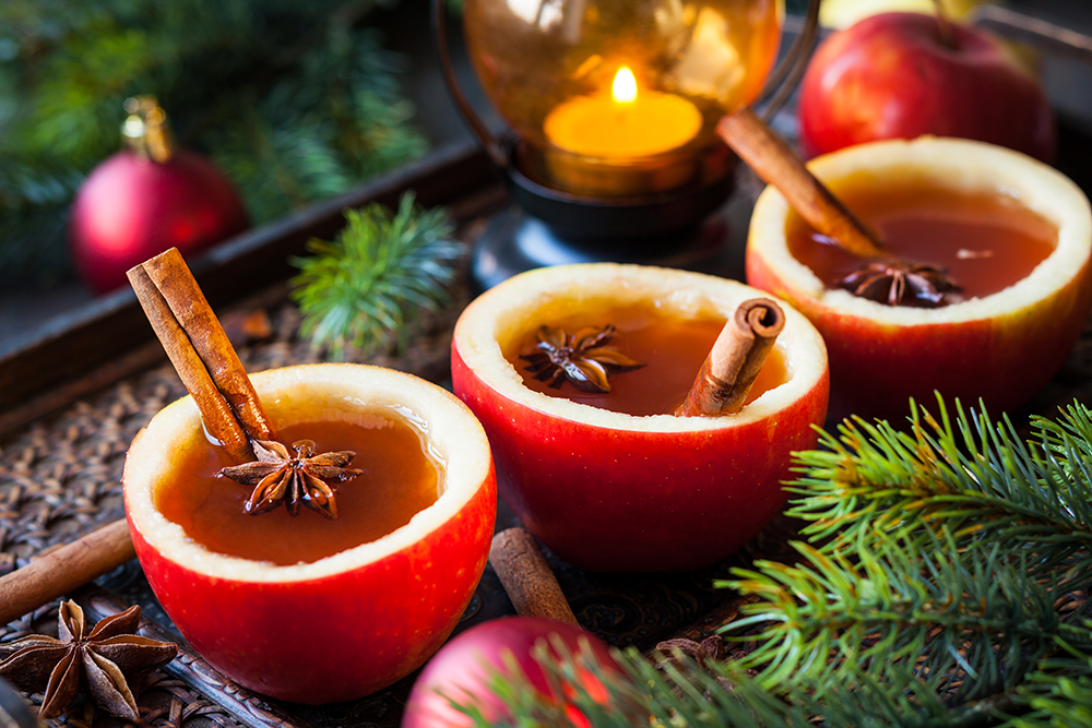 Spicy cider served in hollowed apples makes a festive display.